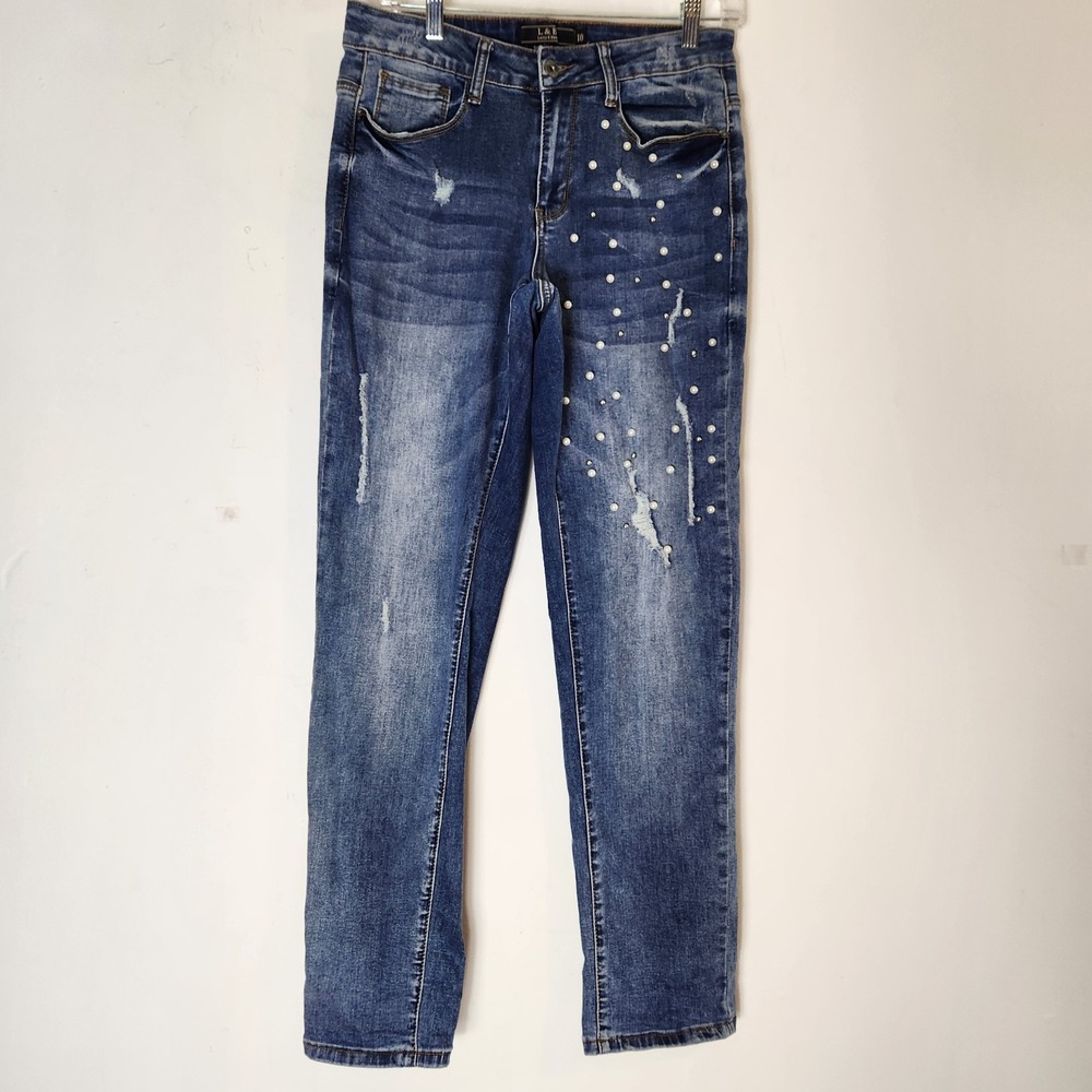 Pearl Embellished Jeans 10 Boyfriend Distressed Y2K Western Cowgirl L&B Denim